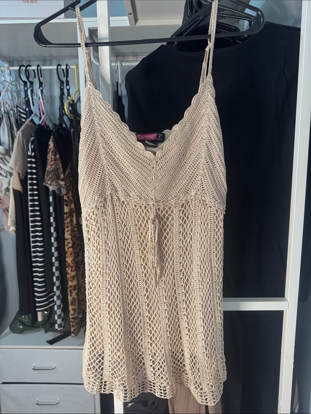 Say What? Beige Crochet Tank Dress with Spaghetti Straps
